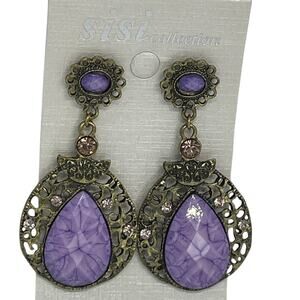 Gold Tone Faux Turquoise Filigree Drop Earrings Style Fashion Open Work Elegant